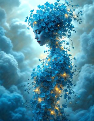 The primary subject of the image is a woman with a blue headpiece, surrounded by blue flowers. She is standing in a cloudy blue sky, which serves as the setting for the scene. The visual style of the image is digital art, as it is a detailed and intricate illustration of the woman with the blue flowers. The dominant colors in the image are blue and white, creating a serene and dreamy atmosphere.